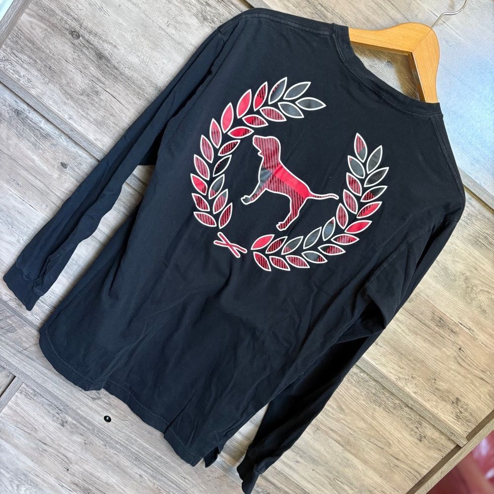 PINK Victoria's Secret Black Shirt Red Plaid Dog Graphic Print Preppy Sporty
